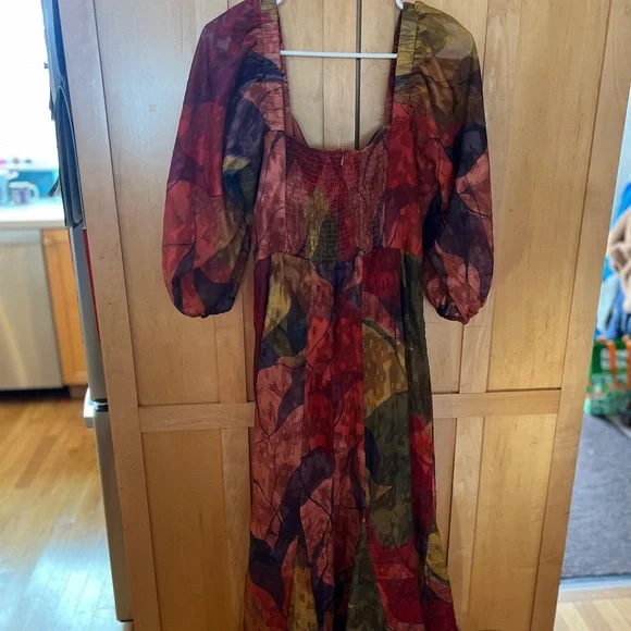 Anthropologie Hutch Printed Twist-Front Ruffle-Hem Puff-Sleeve Midi Dress - Picture 2 of 3